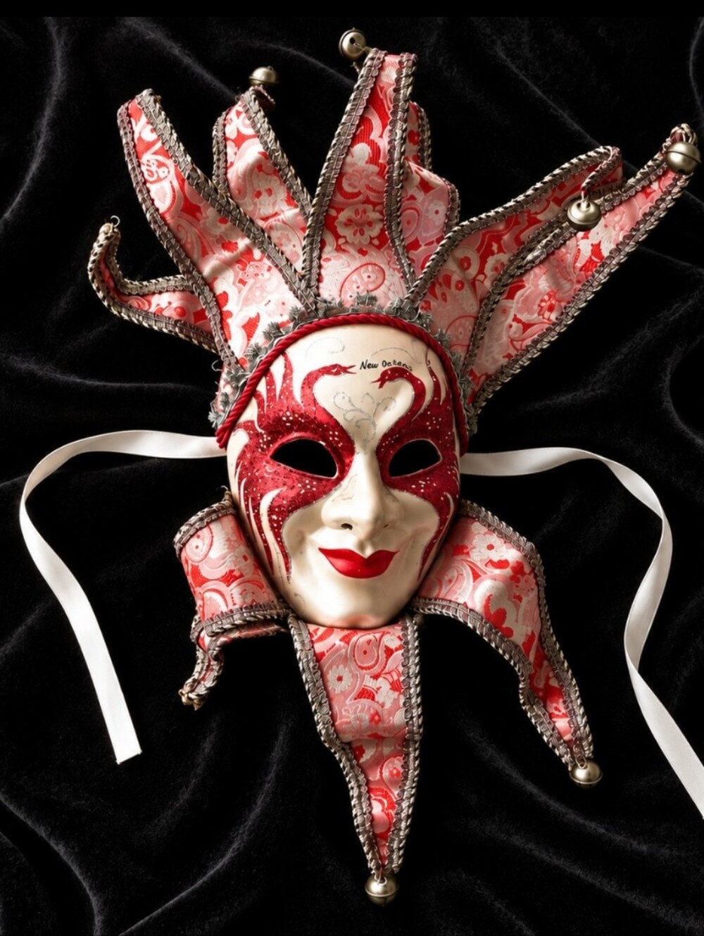 Red and White Venetian Jester Mask with Ribbon Ties